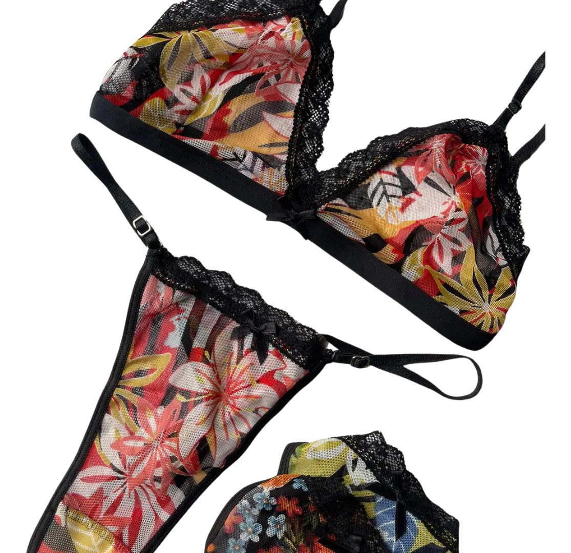 Conjunto Encaje Floreado Microtul Corpiño Tanga 2 Piezas - Image 3