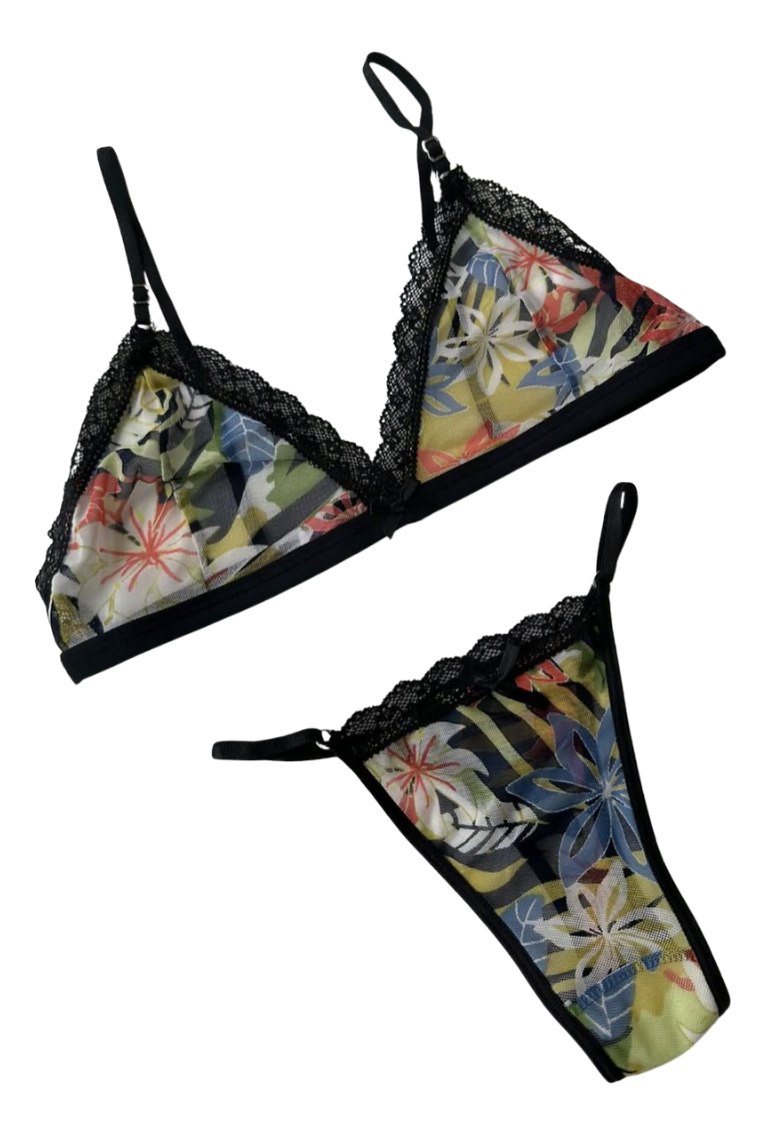 Conjunto Encaje Floreado Microtul Corpiño Tanga 2 Piezas - Image 8