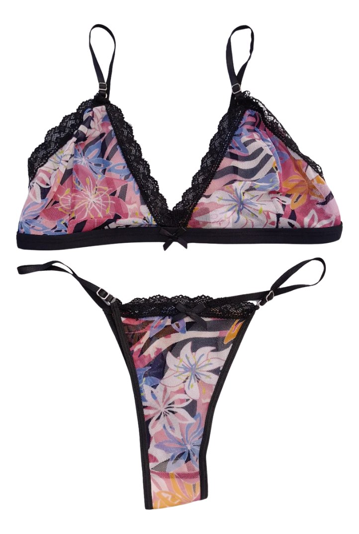 Conjunto Encaje Floreado Microtul Corpiño Tanga 2 Piezas - Image 9