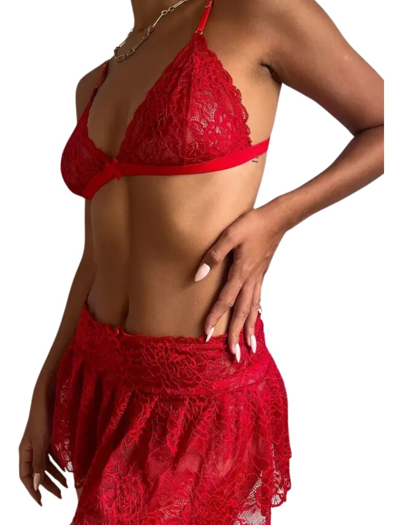 Conjunto Set 3 Pieza Encaje Sexy Corpiño Tanga Pollera Sexy