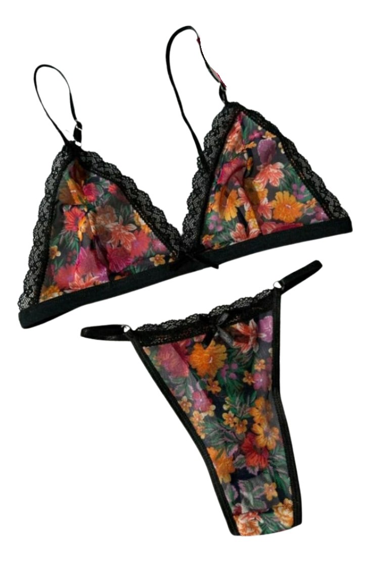 Conjunto Encaje Floreado Microtul Corpiño Tanga 2 Piezas - Image 5