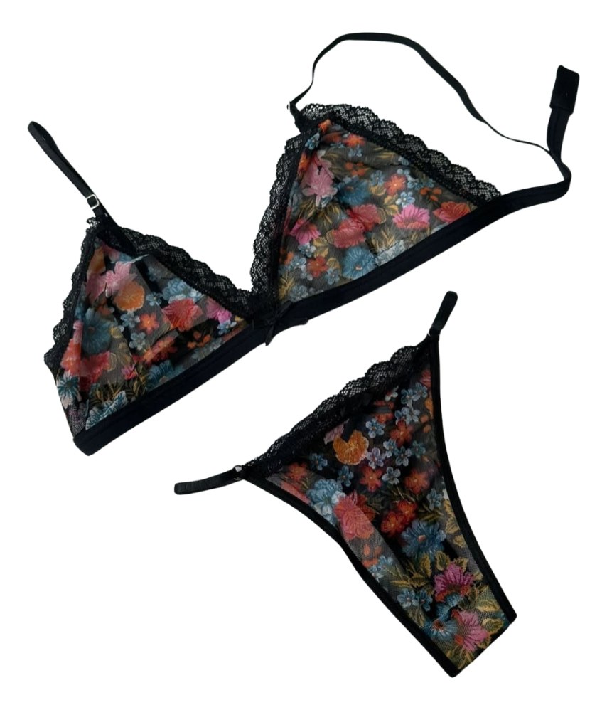 Conjunto Encaje Floreado Microtul Corpiño Tanga 2 Piezas - Image 4